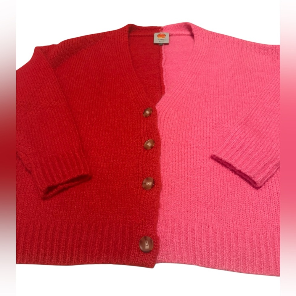 Farm Rio Color Block Pink and Red Button Down Wool Cardigan Size M - Picture 3 of 5